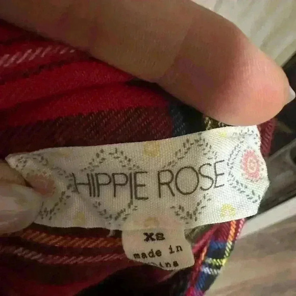 Hippie Rose Red Long Plaid Flannel Shirt, XS Long Sleeve, Soft Cozy Fall Holiday - Picture 4 of 4